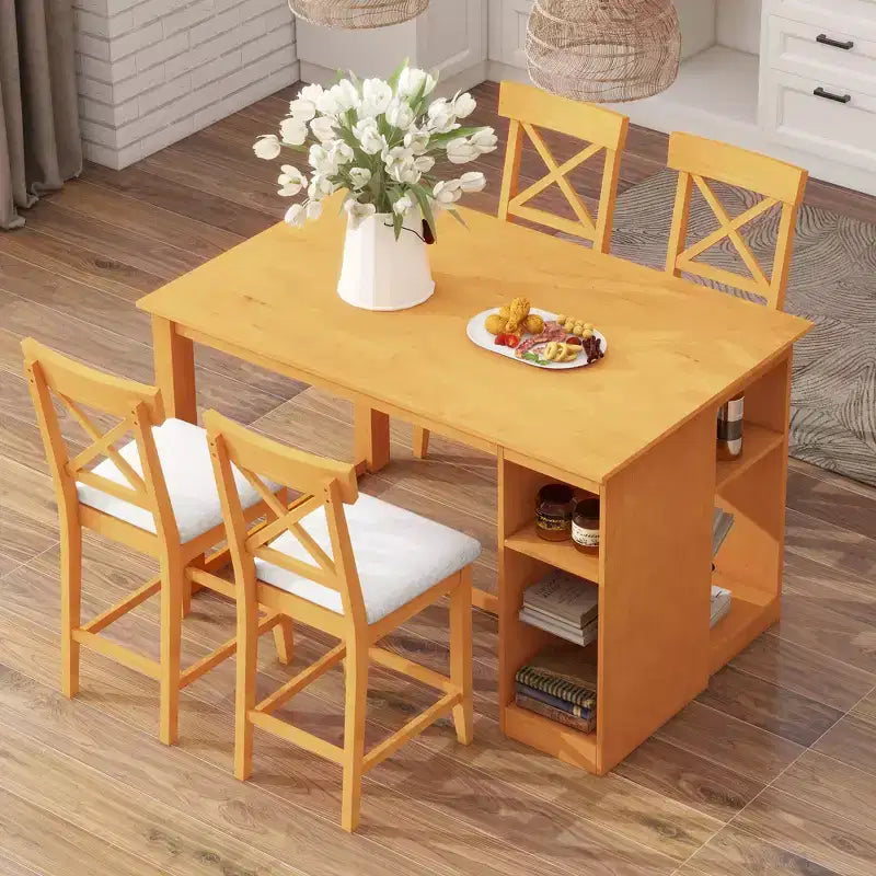 Ensemble de salle à manger 5 pièces hauteur comptoir de style ferme pour 4, ensemble table de bar en bois avec étagères de rangement et 4 chaises rembourrées