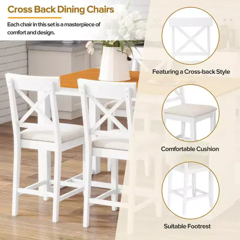 Ensemble de salle à manger 5 pièces hauteur comptoir de style ferme pour 4, ensemble table de bar en bois avec étagères de rangement et 4 chaises rembourrées