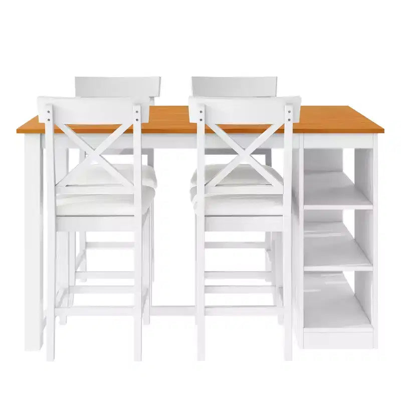 Ensemble de salle à manger 5 pièces hauteur comptoir de style ferme pour 4, ensemble table de bar en bois avec étagères de rangement et 4 chaises rembourrées