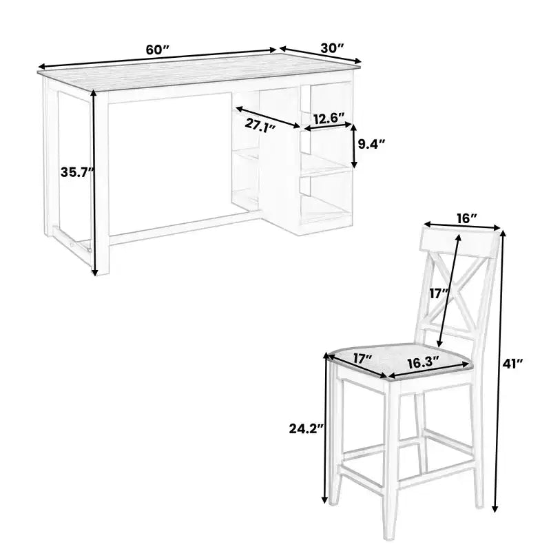 Ensemble de salle à manger 5 pièces hauteur comptoir de style ferme pour 4, ensemble table de bar en bois avec étagères de rangement et 4 chaises rembourrées