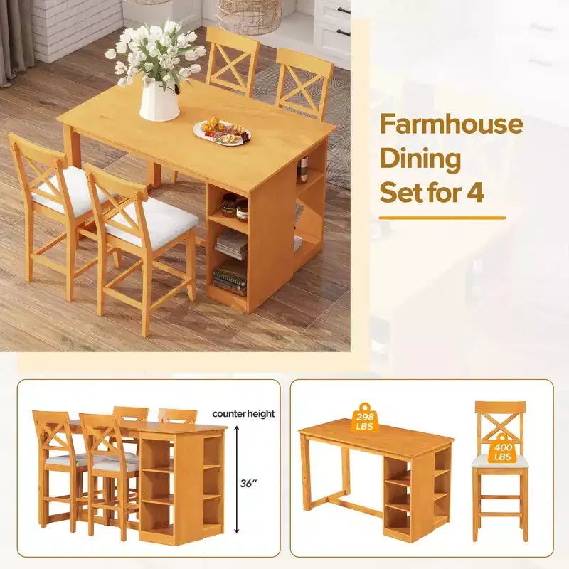 Ensemble de salle à manger 5 pièces hauteur comptoir de style ferme pour 4, ensemble table de bar en bois avec étagères de rangement et 4 chaises rembourrées