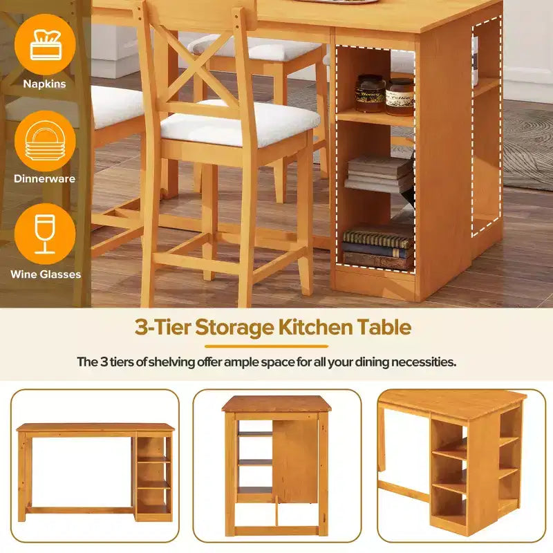 Ensemble de salle à manger 5 pièces hauteur comptoir de style ferme pour 4, ensemble table de bar en bois avec étagères de rangement et 4 chaises rembourrées