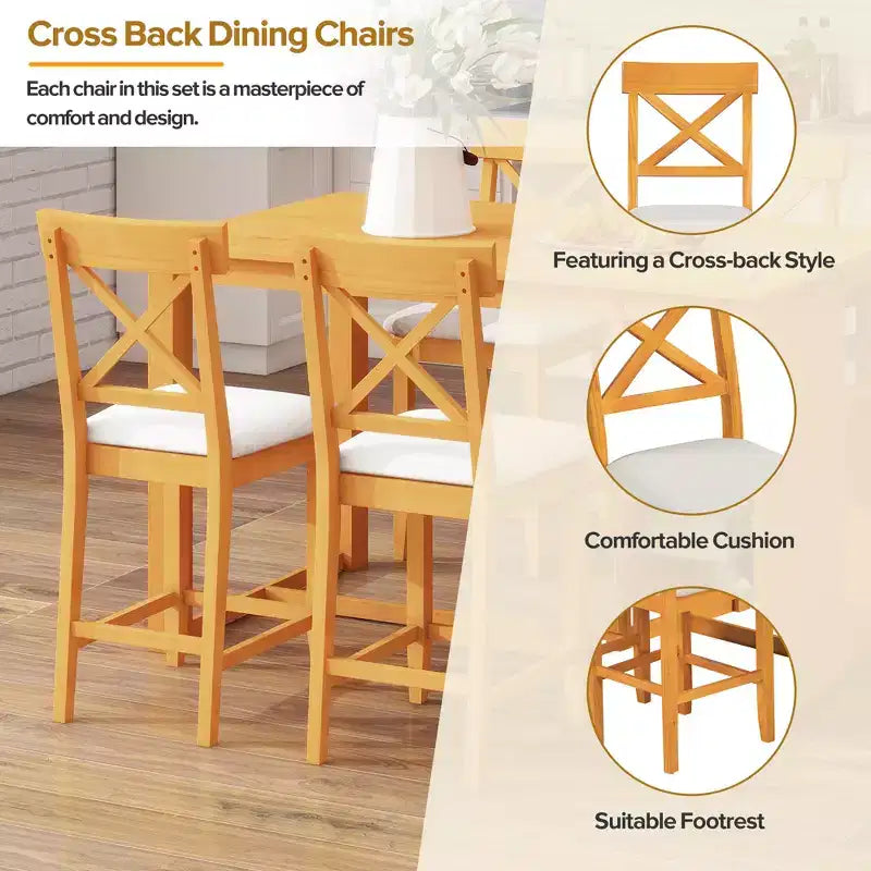 Ensemble de salle à manger 5 pièces hauteur comptoir de style ferme pour 4, ensemble table de bar en bois avec étagères de rangement et 4 chaises rembourrées