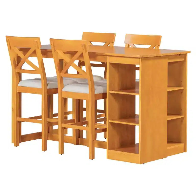 Ensemble de salle à manger 5 pièces hauteur comptoir de style ferme pour 4, ensemble table de bar en bois avec étagères de rangement et 4 chaises rembourrées