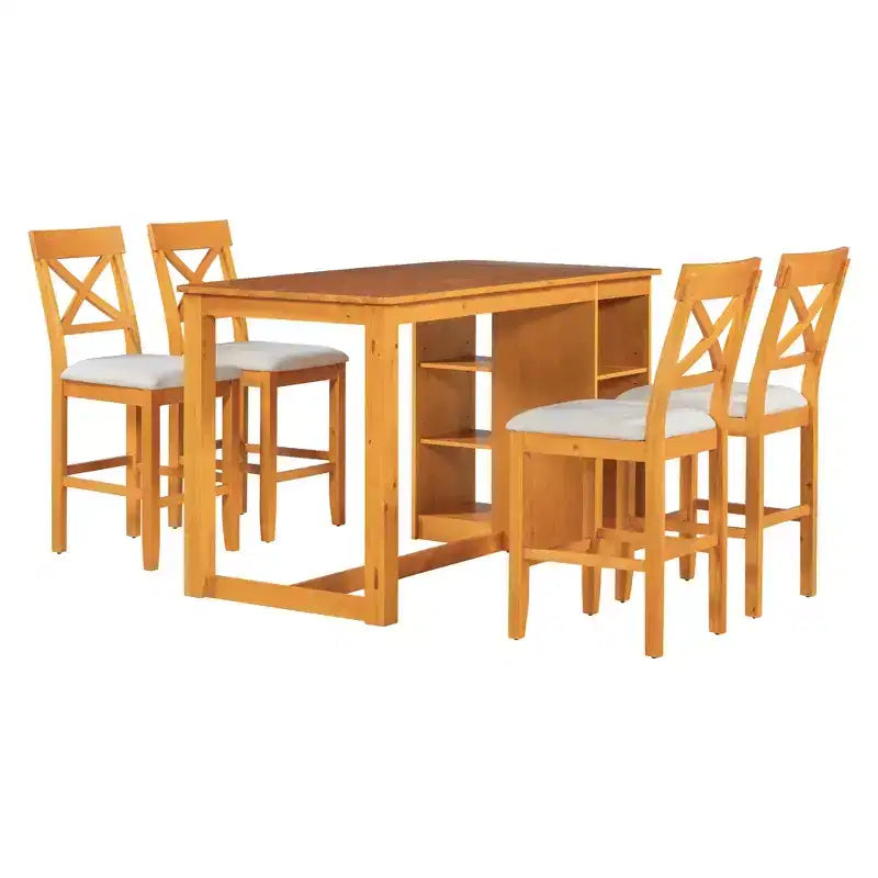 Ensemble de salle à manger 5 pièces hauteur comptoir de style ferme pour 4, ensemble table de bar en bois avec étagères de rangement et 4 chaises rembourrées