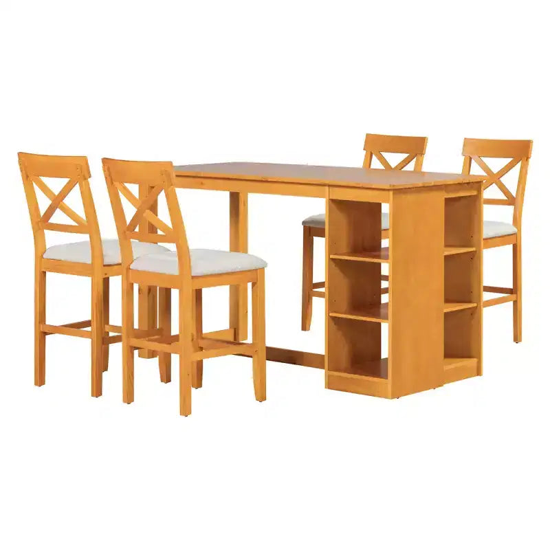 Ensemble de salle à manger 5 pièces hauteur comptoir de style ferme pour 4, ensemble table de bar en bois avec étagères de rangement et 4 chaises rembourrées