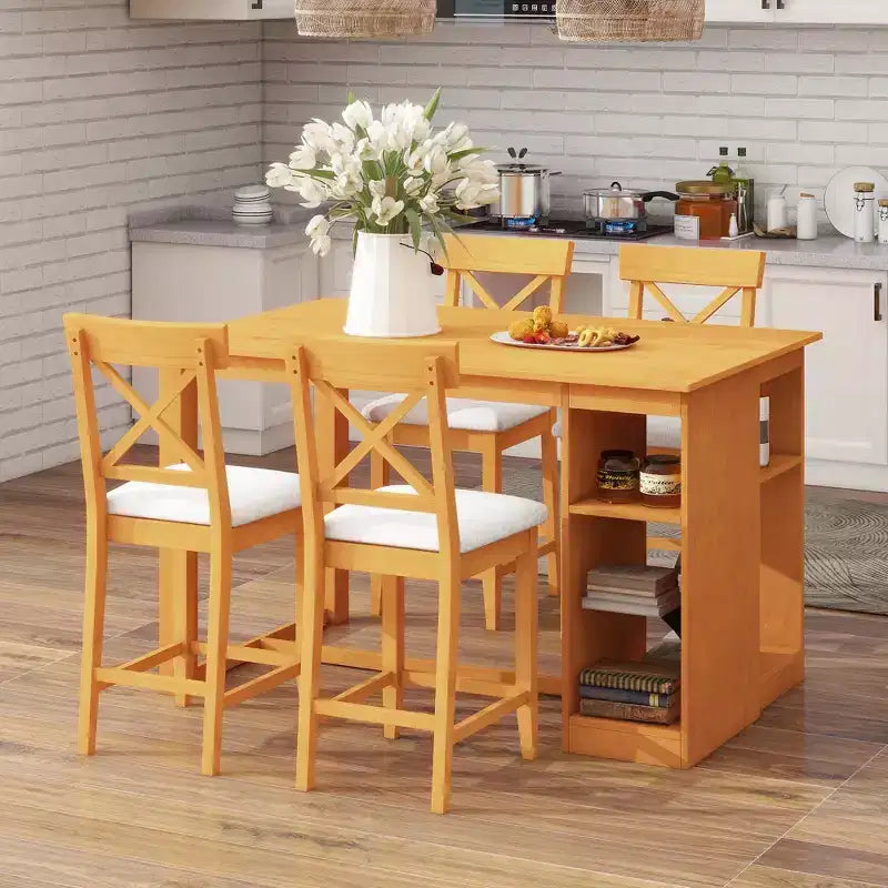 Farmhouse 5 Pieces Counter Height Dining Set for 4, Wooden Bar Table Set with Storage Shelves and 4 Upholstered Chairs