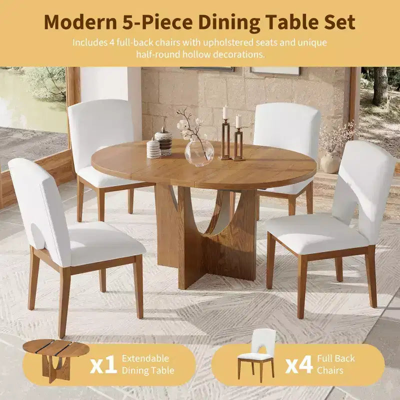 Ensemble de salle à manger rond extensible 5 pièces pour 4 personnes, table de salle à manger de cuisine moderne avec rallonge amovible et 4 chaises rembourrées pour salle à manger