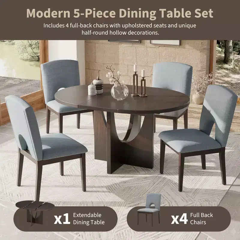 Ensemble de salle à manger rond extensible 5 pièces pour 4 personnes, table de salle à manger de cuisine moderne avec rallonge amovible et 4 chaises rembourrées pour salle à manger