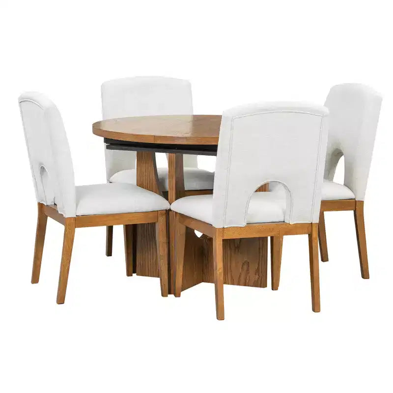 Ensemble de salle à manger rond extensible 5 pièces pour 4 personnes, table de salle à manger de cuisine moderne avec rallonge amovible et 4 chaises rembourrées pour salle à manger