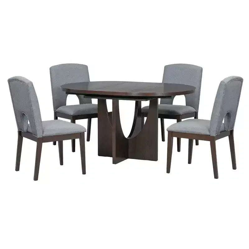 Ensemble de salle à manger rond extensible 5 pièces pour 4 personnes, table de salle à manger de cuisine moderne avec rallonge amovible et 4 chaises rembourrées pour salle à manger