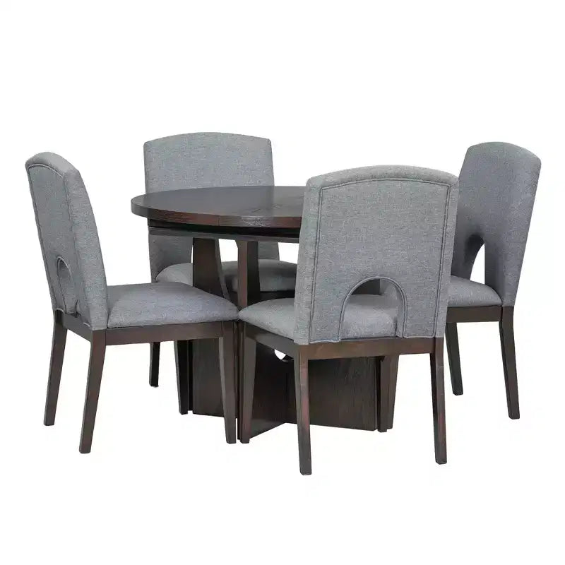 Ensemble de salle à manger rond extensible 5 pièces pour 4 personnes, table de salle à manger de cuisine moderne avec rallonge amovible et 4 chaises rembourrées pour salle à manger