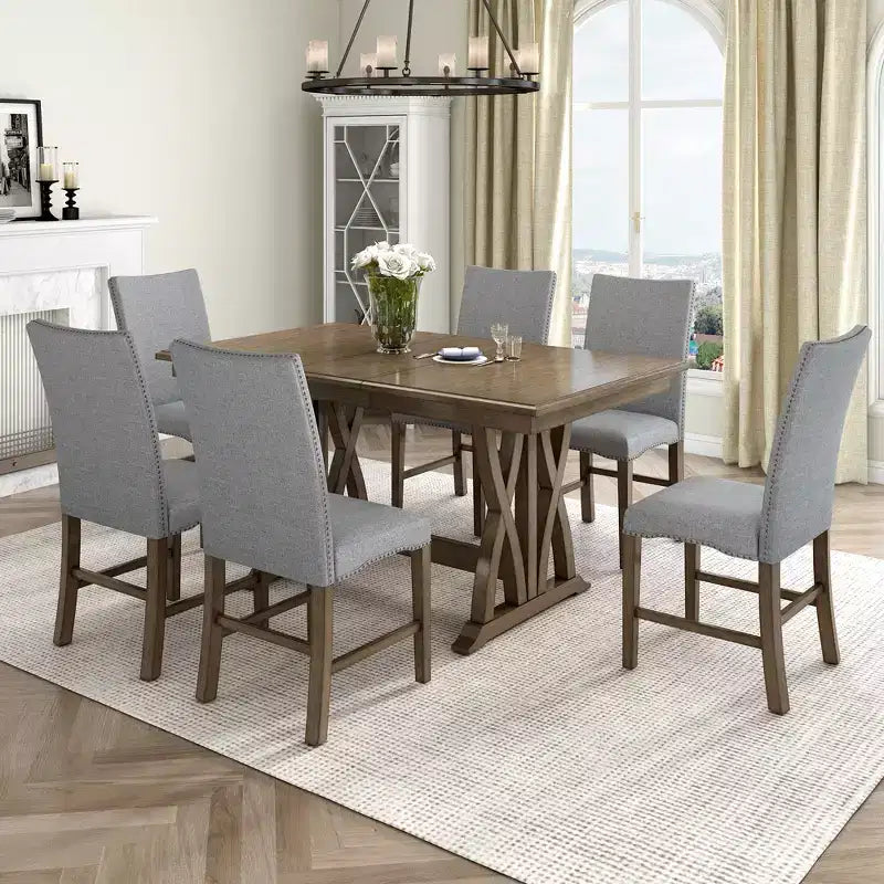 7 Pieces Extendable Dining Table Set for 6, Farmhouse Kitchen Table Set with 6 Upholstered Chairs for Dining Room, Gray