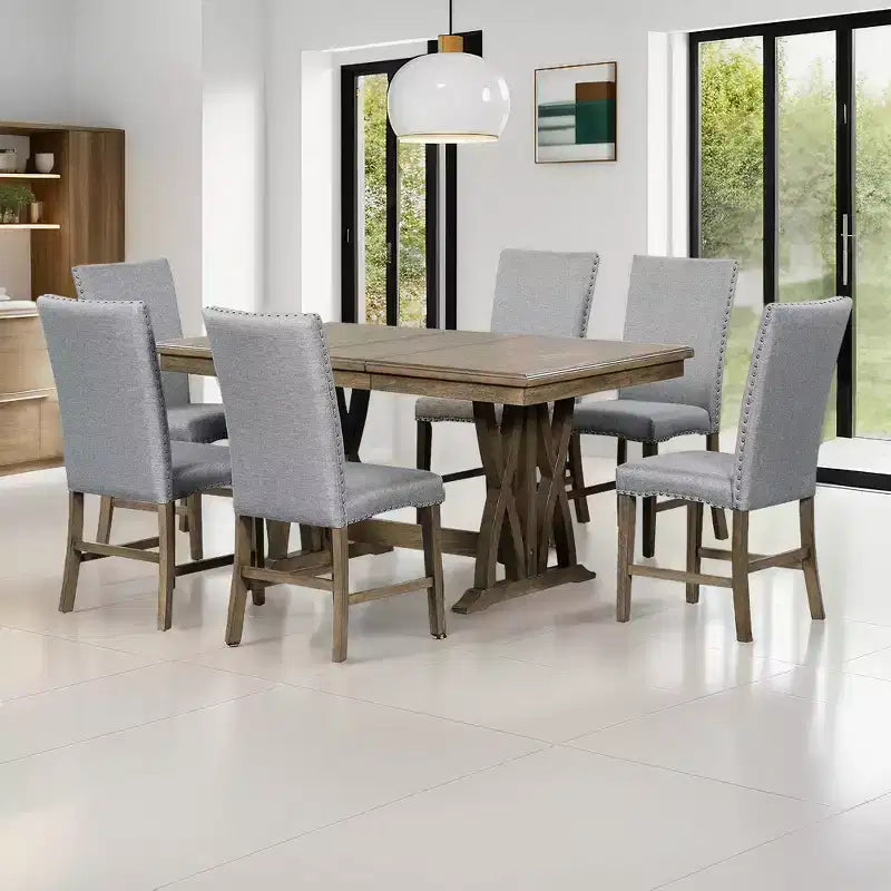 Ensemble de salle à manger extensible 7 pièces pour 6 personnes, ensemble de table de cuisine de style campagnard avec 6 chaises rembourrées pour salle à manger, gris