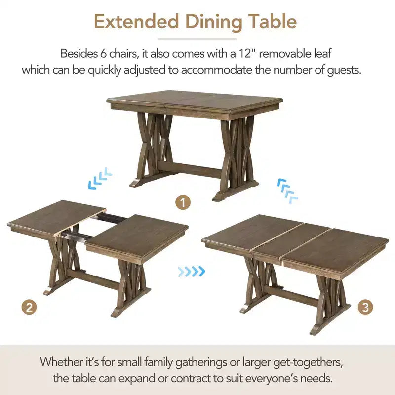 Ensemble de salle à manger extensible 7 pièces pour 6 personnes, ensemble de table de cuisine de style campagnard avec 6 chaises rembourrées pour salle à manger, gris