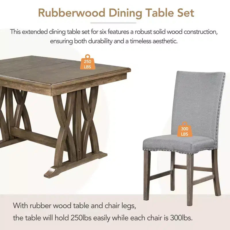 Ensemble de salle à manger extensible 7 pièces pour 6 personnes, ensemble de table de cuisine de style campagnard avec 6 chaises rembourrées pour salle à manger, gris