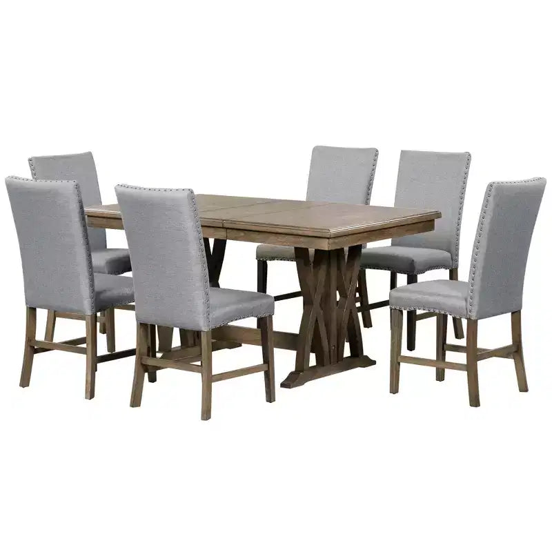 Ensemble de salle à manger extensible 7 pièces pour 6 personnes, ensemble de table de cuisine de style campagnard avec 6 chaises rembourrées pour salle à manger, gris
