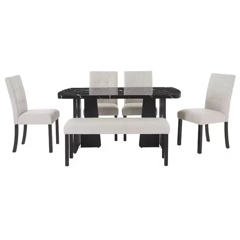 Ensemble de table à manger effet marbre pour 6 personnes, table à manger rectangulaire 6 pièces avec 4 chaises rembourrées et 1 banc pour salle à manger