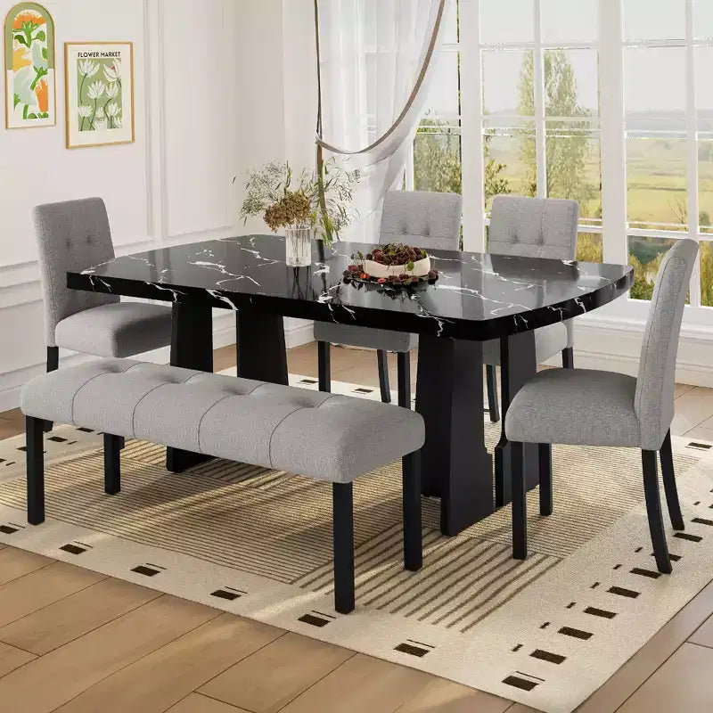 Ensemble de table à manger effet marbre pour 6 personnes, table à manger rectangulaire 6 pièces avec 4 chaises rembourrées et 1 banc pour salle à manger