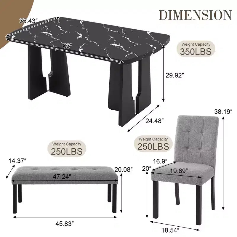 Ensemble de table à manger effet marbre pour 6 personnes, table à manger rectangulaire 6 pièces avec 4 chaises rembourrées et 1 banc pour salle à manger