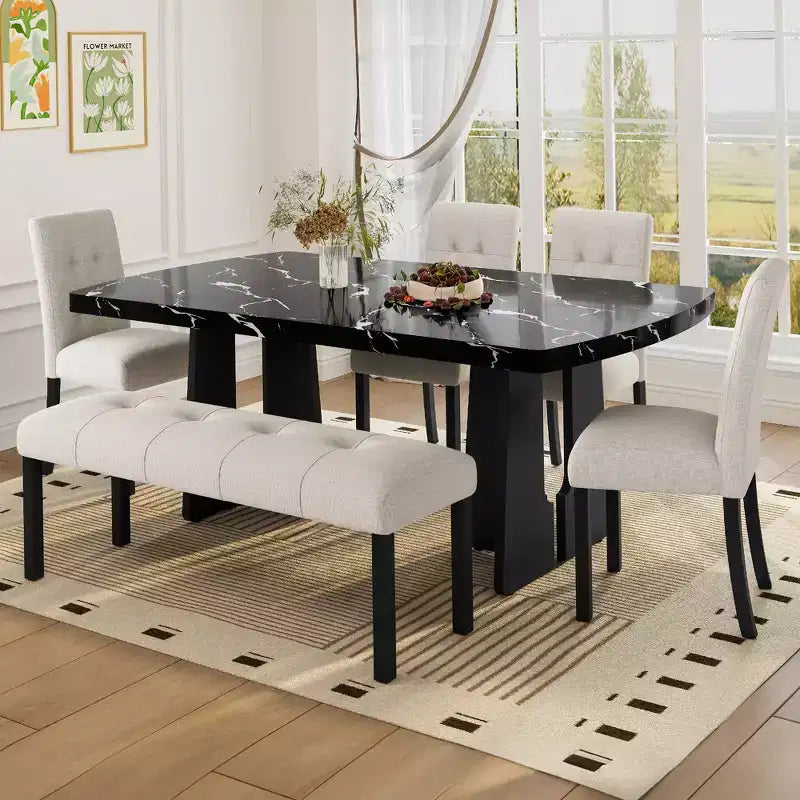 Ensemble de table à manger effet marbre pour 6 personnes, table à manger rectangulaire 6 pièces avec 4 chaises rembourrées et 1 banc pour salle à manger