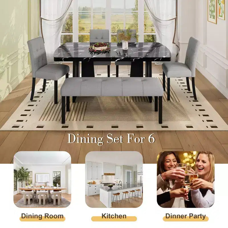 Ensemble de table à manger effet marbre pour 6 personnes, table à manger rectangulaire 6 pièces avec 4 chaises rembourrées et 1 banc pour salle à manger