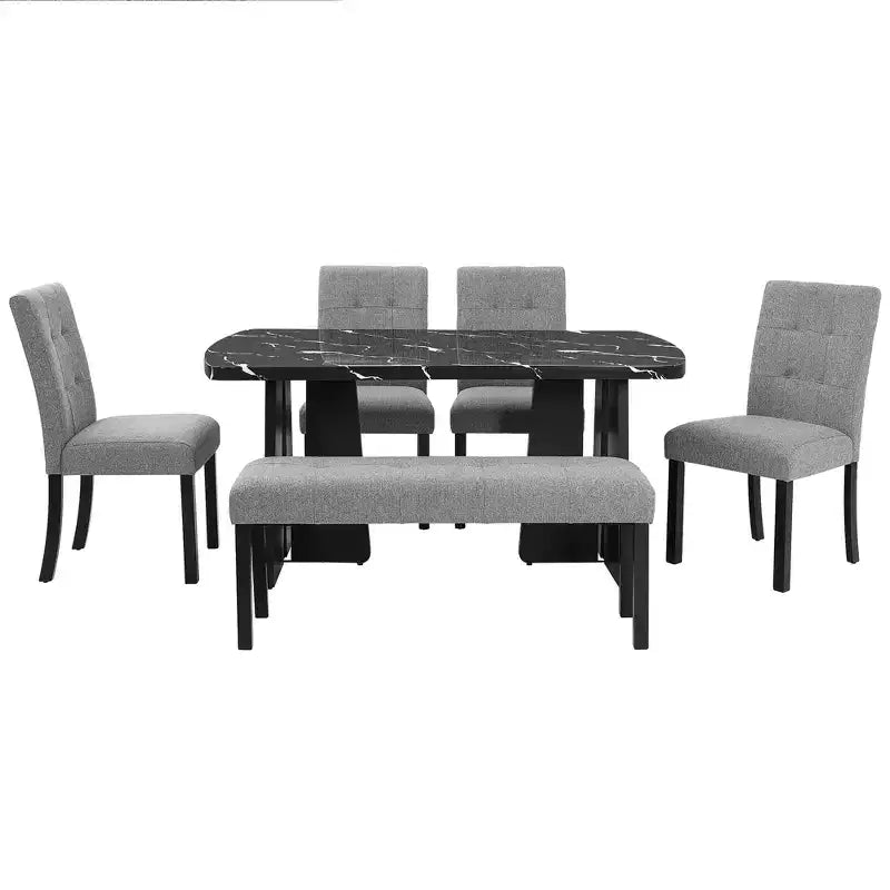 Ensemble de table à manger effet marbre pour 6 personnes, table à manger rectangulaire 6 pièces avec 4 chaises rembourrées et 1 banc pour salle à manger