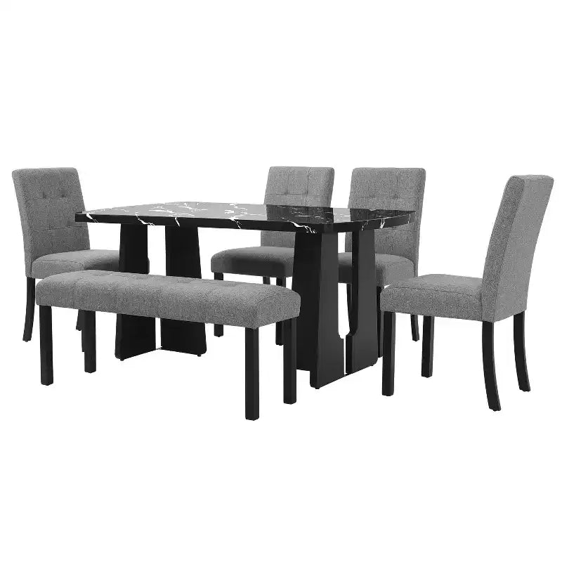 Ensemble de table à manger effet marbre pour 6 personnes, table à manger rectangulaire 6 pièces avec 4 chaises rembourrées et 1 banc pour salle à manger