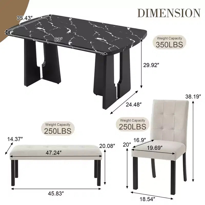 Ensemble de table à manger effet marbre pour 6 personnes, table à manger rectangulaire 6 pièces avec 4 chaises rembourrées et 1 banc pour salle à manger