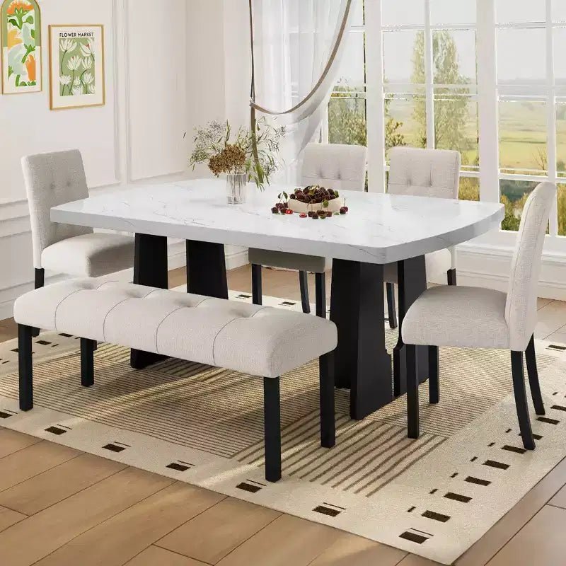Ensemble de table à manger effet marbre pour 6 personnes, table à manger rectangulaire 6 pièces avec 4 chaises rembourrées et 1 banc pour salle à manger