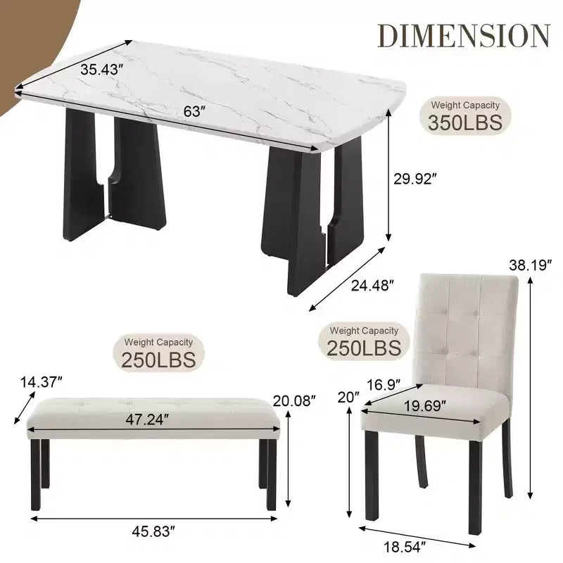 Ensemble de table à manger effet marbre pour 6 personnes, table à manger rectangulaire 6 pièces avec 4 chaises rembourrées et 1 banc pour salle à manger