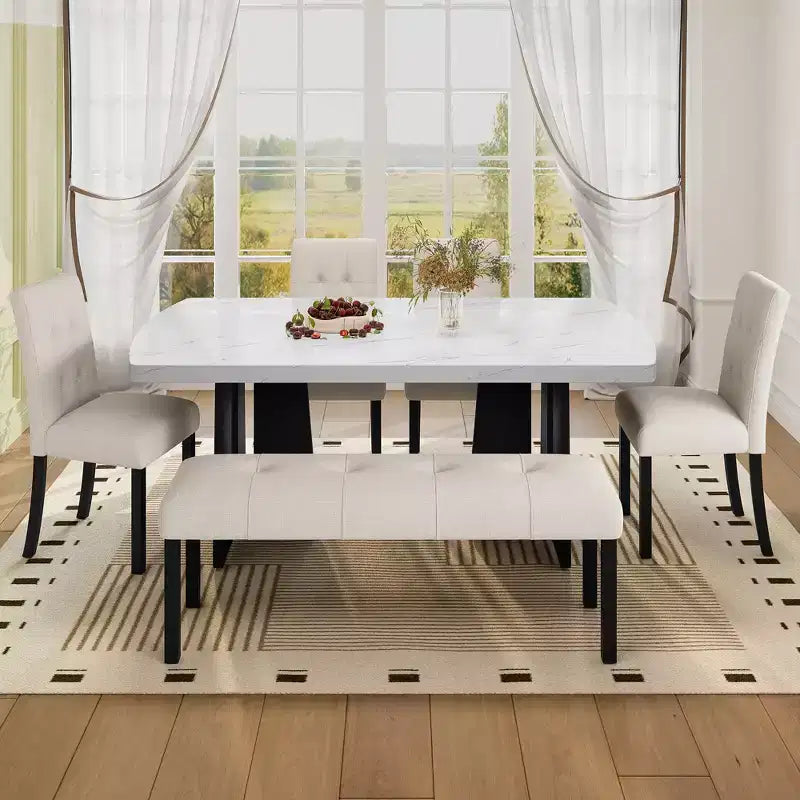Ensemble de table à manger effet marbre pour 6 personnes, table à manger rectangulaire 6 pièces avec 4 chaises rembourrées et 1 banc pour salle à manger