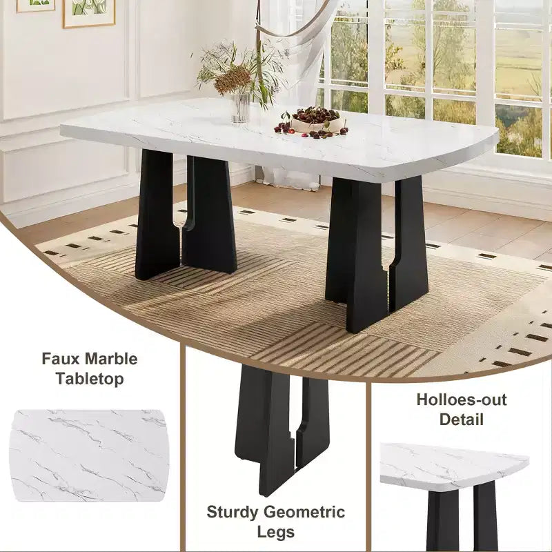 Ensemble de table à manger effet marbre pour 6 personnes, table à manger rectangulaire 6 pièces avec 4 chaises rembourrées et 1 banc pour salle à manger