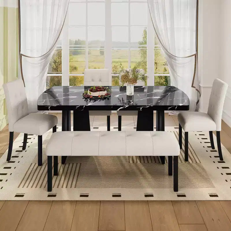 Ensemble de table à manger effet marbre pour 6 personnes, table à manger rectangulaire 6 pièces avec 4 chaises rembourrées et 1 banc pour salle à manger