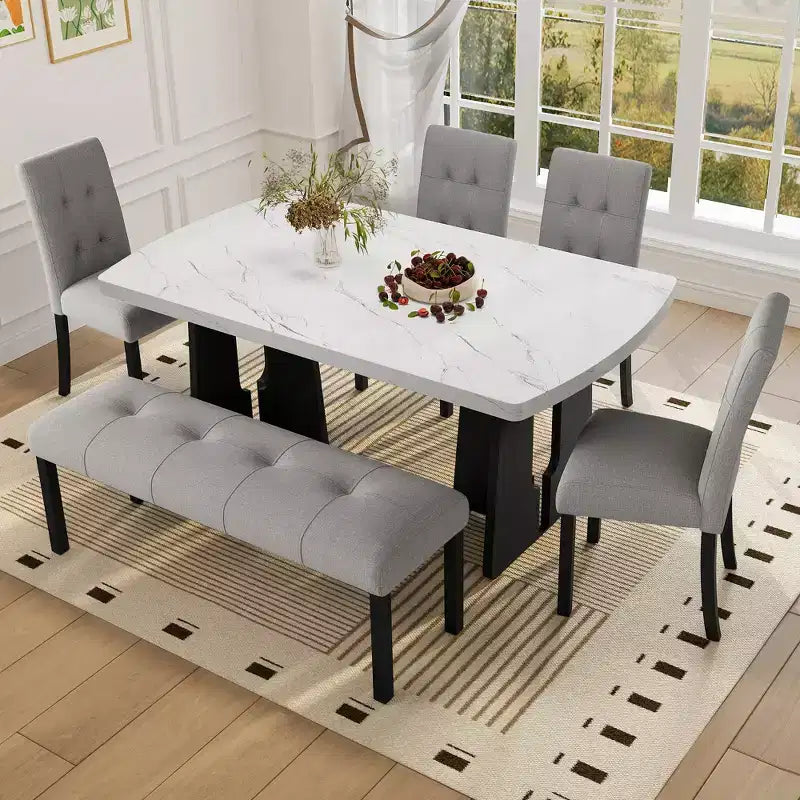 Ensemble de table à manger effet marbre pour 6 personnes, table à manger rectangulaire 6 pièces avec 4 chaises rembourrées et 1 banc pour salle à manger