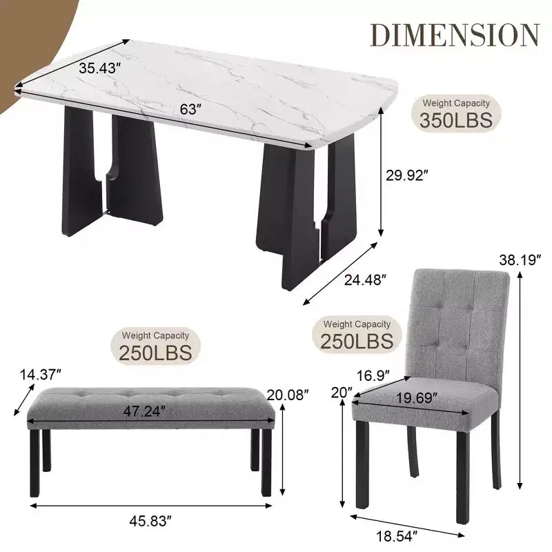 Ensemble de table à manger effet marbre pour 6 personnes, table à manger rectangulaire 6 pièces avec 4 chaises rembourrées et 1 banc pour salle à manger