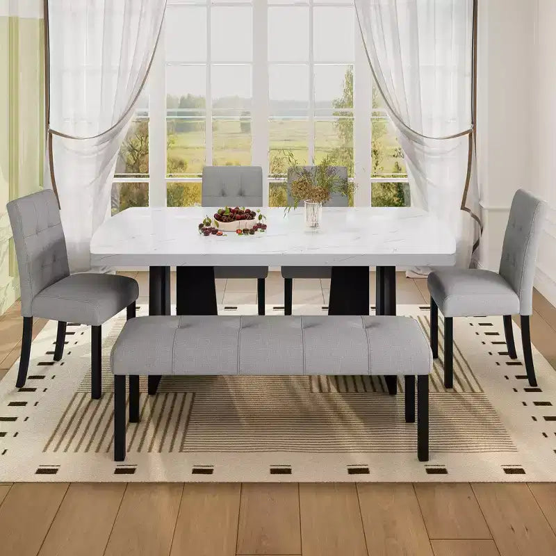 Ensemble de table à manger effet marbre pour 6 personnes, table à manger rectangulaire 6 pièces avec 4 chaises rembourrées et 1 banc pour salle à manger