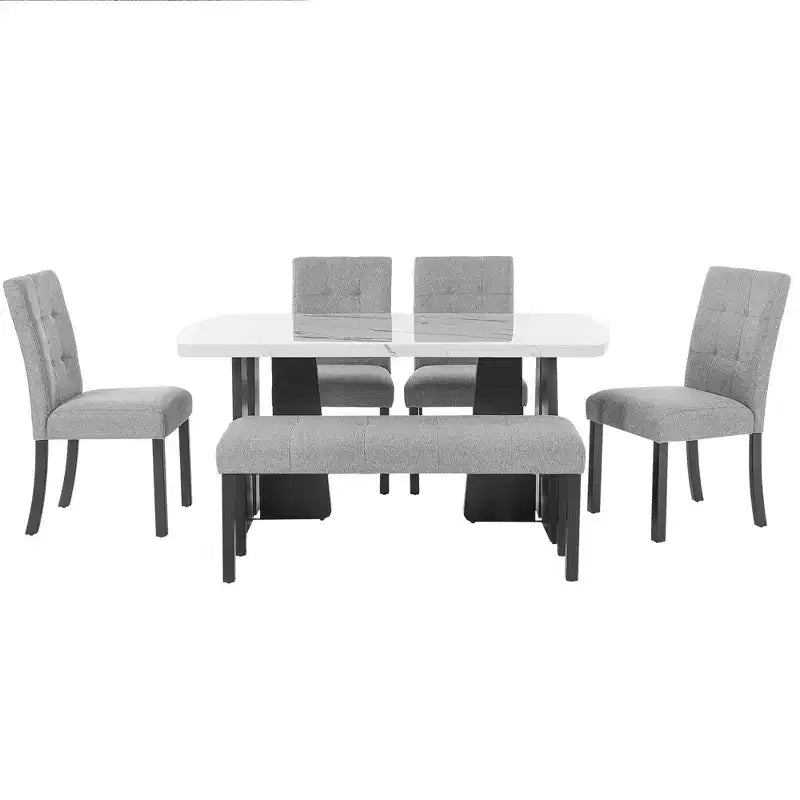 Ensemble de table à manger effet marbre pour 6 personnes, table à manger rectangulaire 6 pièces avec 4 chaises rembourrées et 1 banc pour salle à manger