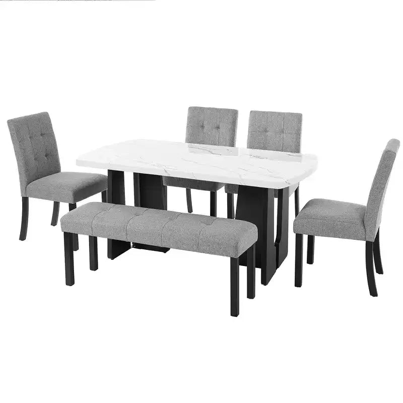 Ensemble de table à manger effet marbre pour 6 personnes, table à manger rectangulaire 6 pièces avec 4 chaises rembourrées et 1 banc pour salle à manger