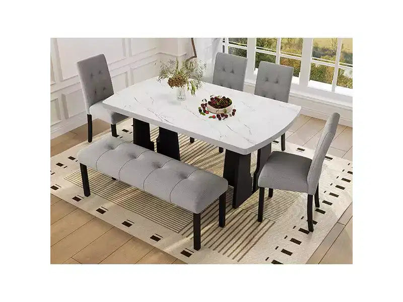 Ensemble de table à manger effet marbre pour 6 personnes, table à manger rectangulaire 6 pièces avec 4 chaises rembourrées et 1 banc pour salle à manger
