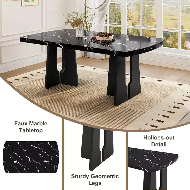 Ensemble de table à manger effet marbre pour 6 personnes, table à manger rectangulaire 6 pièces avec 4 chaises rembourrées et 1 banc pour salle à manger