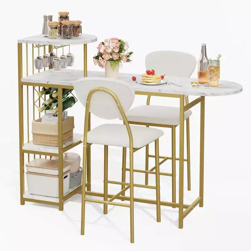 Acekool 3-Piece Dining Table Set for 2, Expandable Bar Table with Storage Shelves and Wine Rack, Small Kitchen Dining Set for Living Room