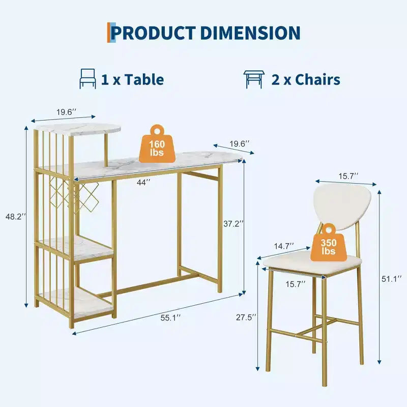 Acekool Ensemble table et 2 chaises de salle à manger, Table de bar extensible avec étagères de rangement et porte-bouteilles, Petit ensemble de salle à manger pour salon