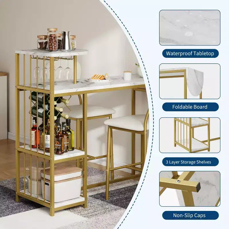 Acekool Ensemble table et 2 chaises de salle à manger, Table de bar extensible avec étagères de rangement et porte-bouteilles, Petit ensemble de salle à manger pour salon
