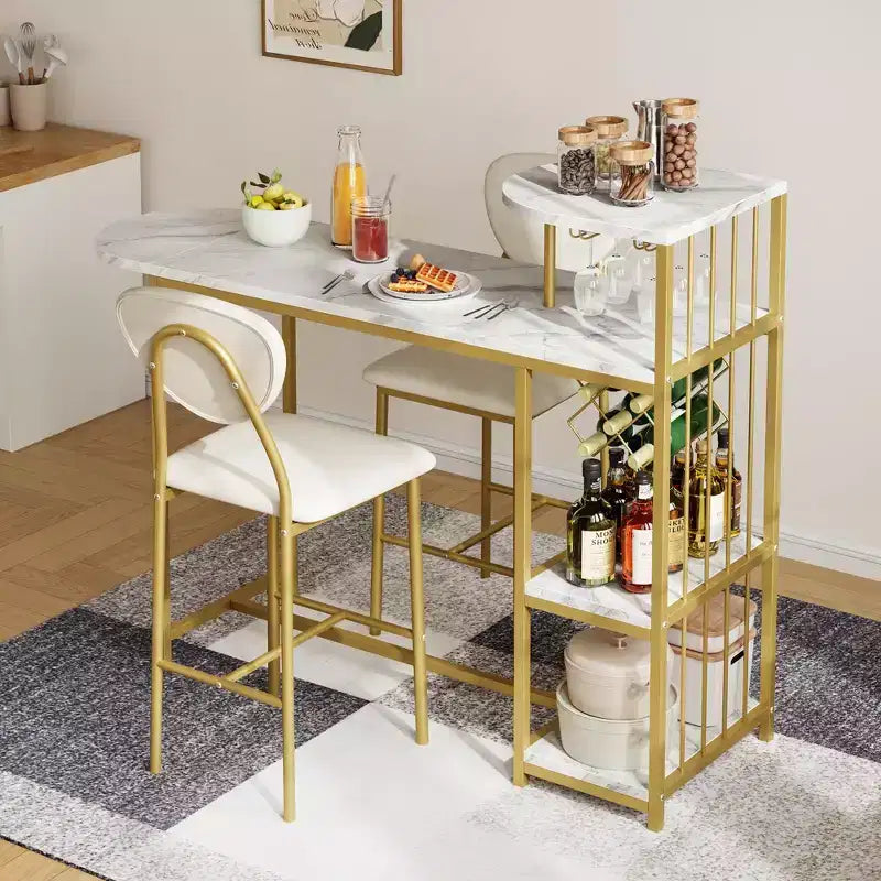 Acekool Ensemble table et 2 chaises de salle à manger, Table de bar extensible avec étagères de rangement et porte-bouteilles, Petit ensemble de salle à manger pour salon