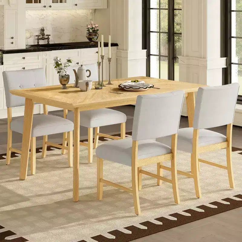 Ensemble de salle à manger minimaliste pour 4 personnes, ensemble de salle à manger rectangulaire 5 pièces en bois massif avec 4 chaises rembourrées pour salle à manger, finition bois naturel