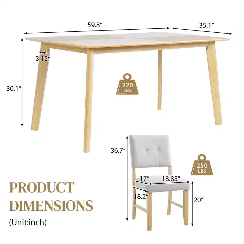 Ensemble de salle à manger minimaliste pour 4 personnes, ensemble de salle à manger rectangulaire 5 pièces en bois massif avec 4 chaises rembourrées pour salle à manger, finition bois naturel