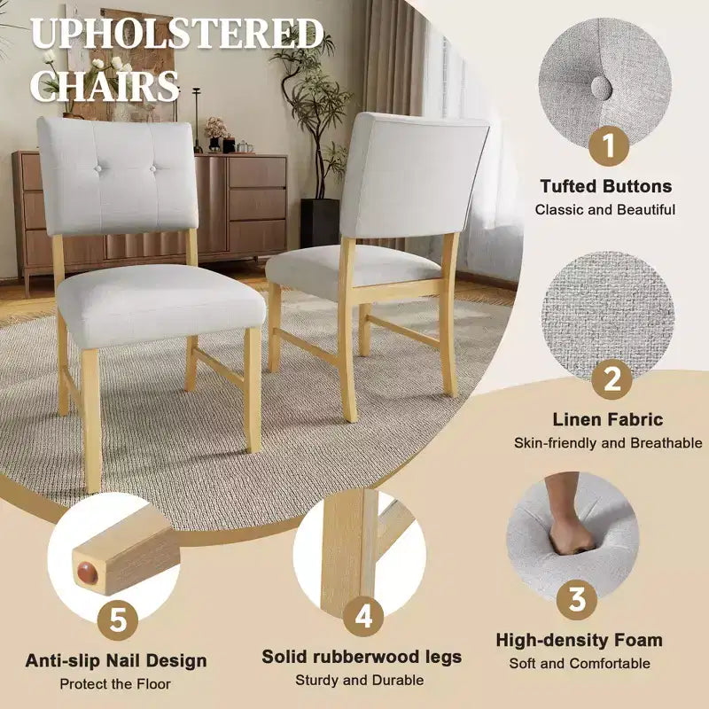 Ensemble de salle à manger minimaliste pour 4 personnes, ensemble de salle à manger rectangulaire 5 pièces en bois massif avec 4 chaises rembourrées pour salle à manger, finition bois naturel