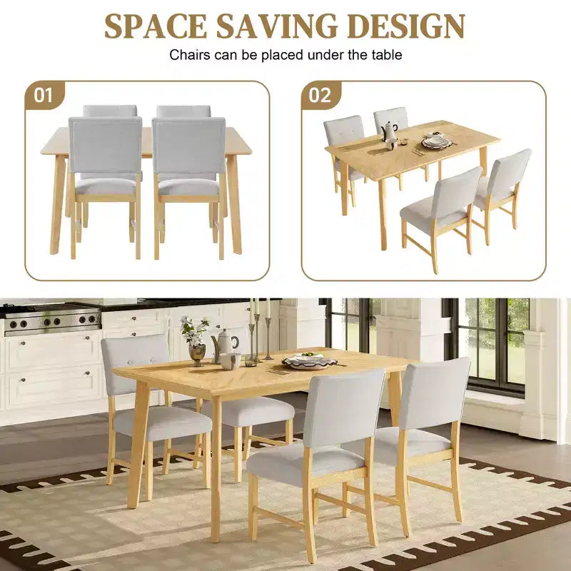 Ensemble de salle à manger minimaliste pour 4 personnes, ensemble de salle à manger rectangulaire 5 pièces en bois massif avec 4 chaises rembourrées pour salle à manger, finition bois naturel