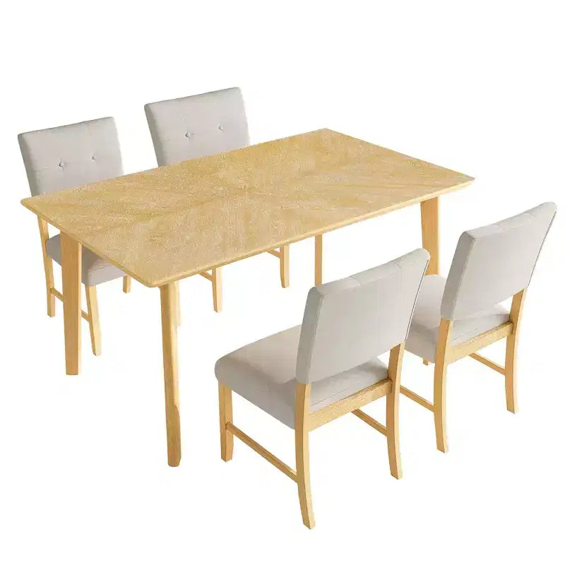 Ensemble de salle à manger minimaliste pour 4 personnes, ensemble de salle à manger rectangulaire 5 pièces en bois massif avec 4 chaises rembourrées pour salle à manger, finition bois naturel
